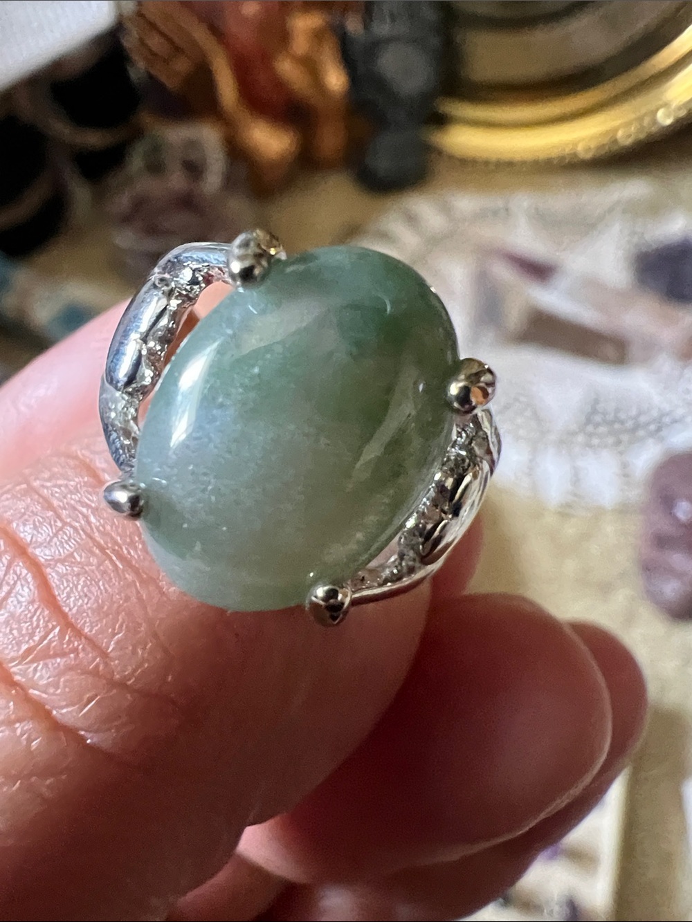 Green Jade Oval Ring in Silver Setting - size 7